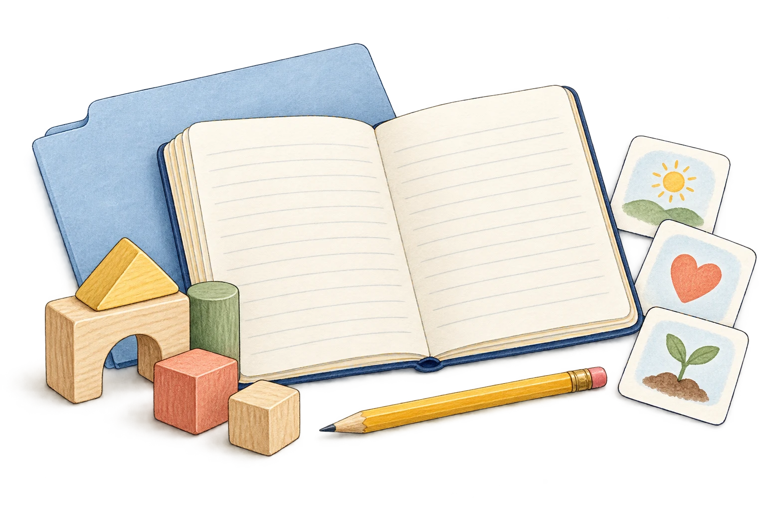An open notebook, picture cards, pencil and wooden blocks arranged for planning