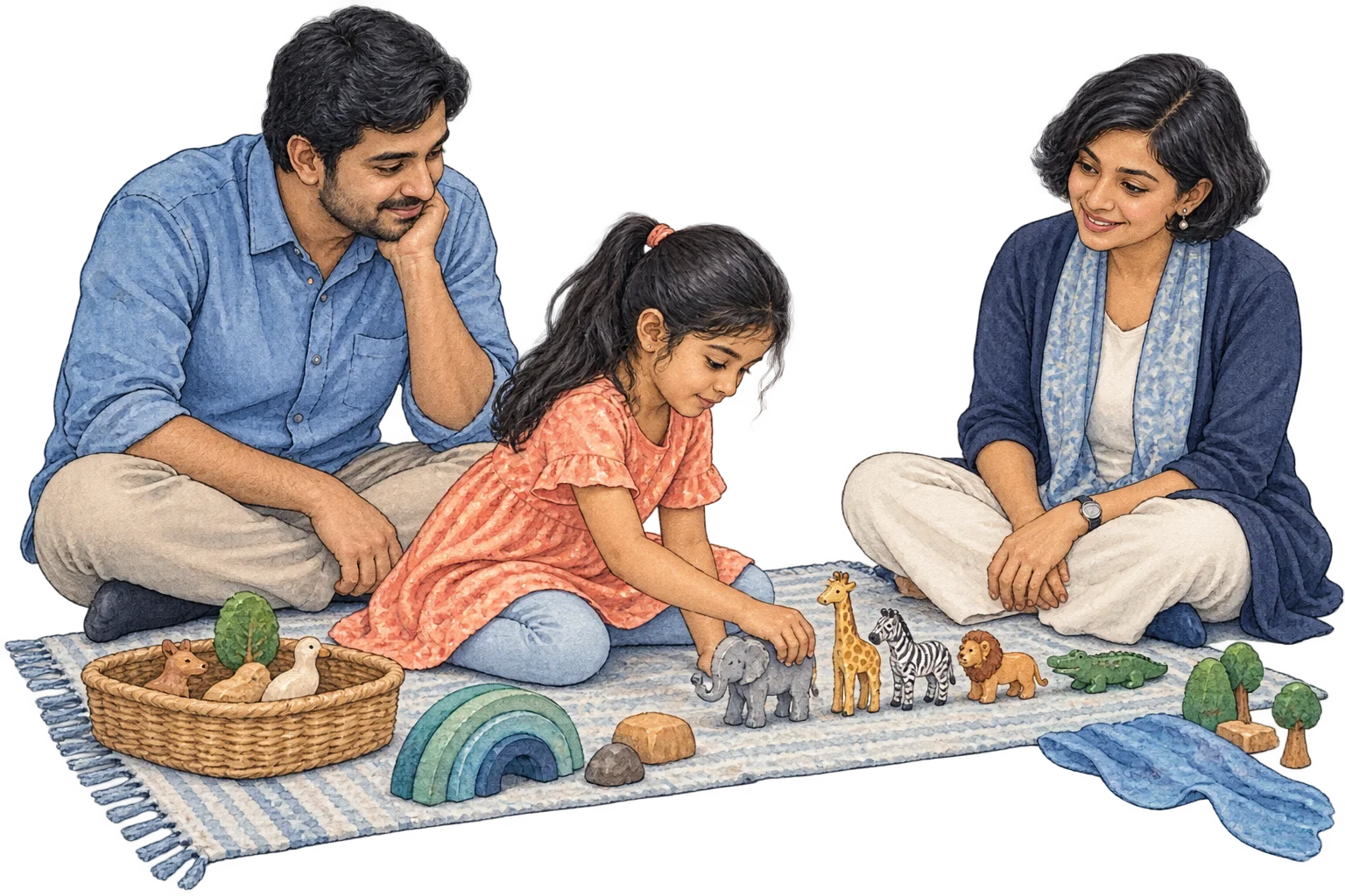 Illustration of a child exploring toys with adults nearby