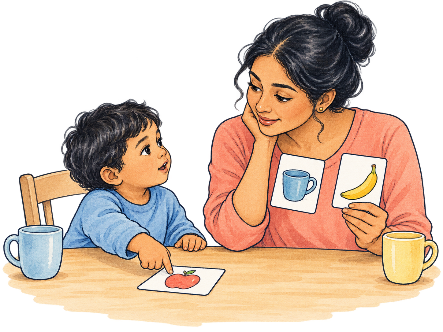 A parent and child use picture cards together during an ordinary moment at home
