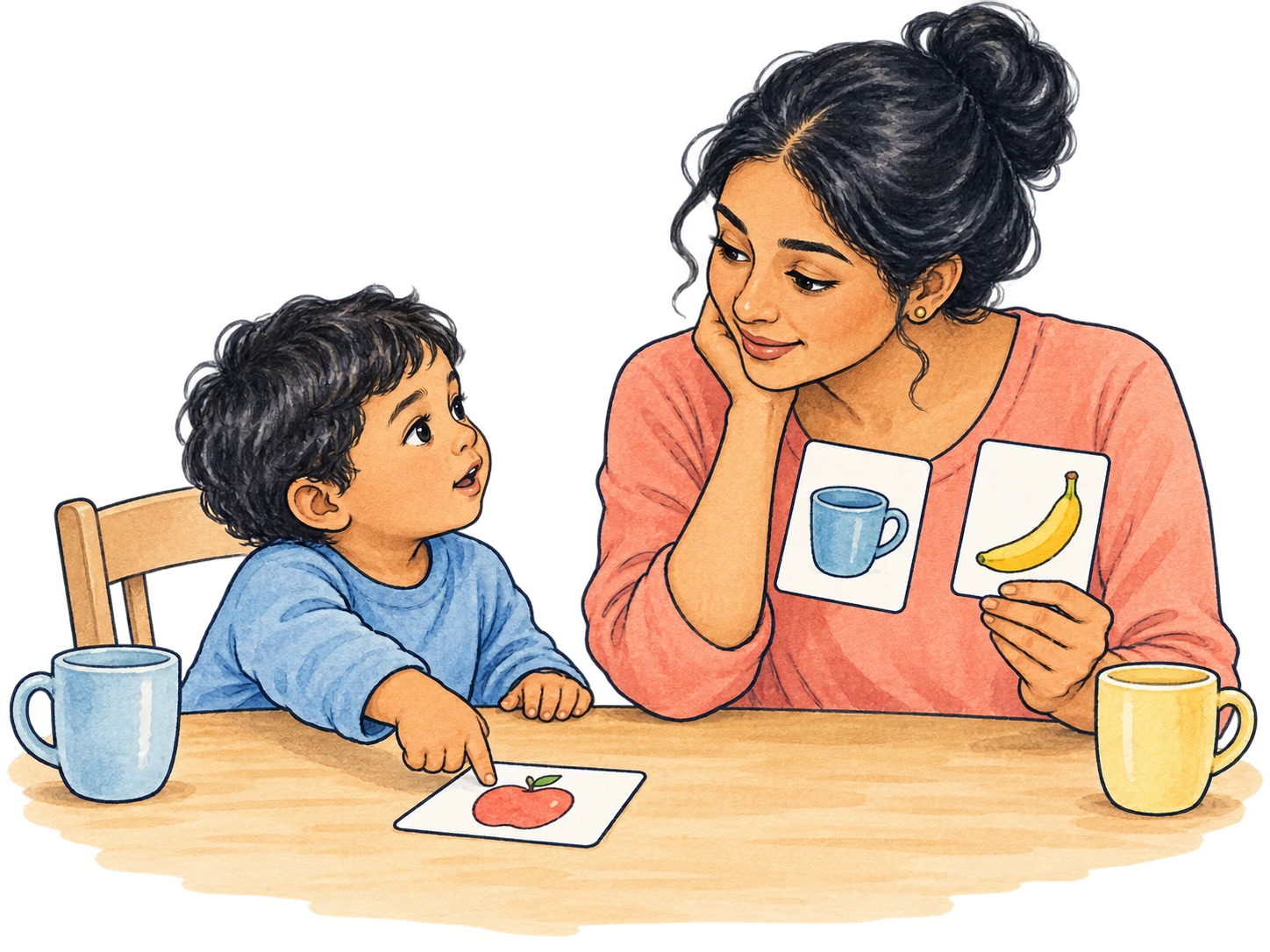 A parent calmly uses picture cards with a child at a table