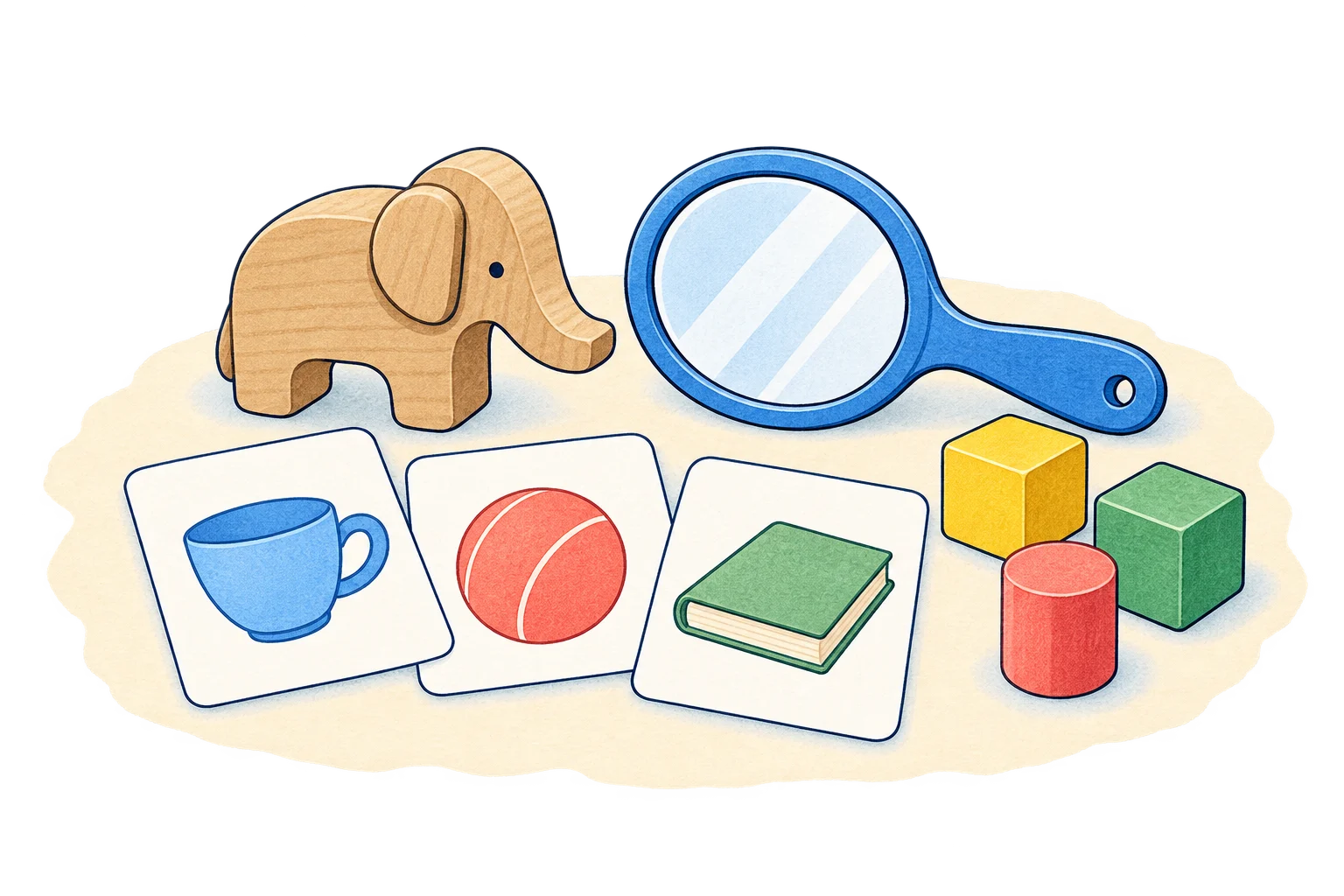 Picture cards, a wooden elephant, a handheld mirror and blocks used as communication materials