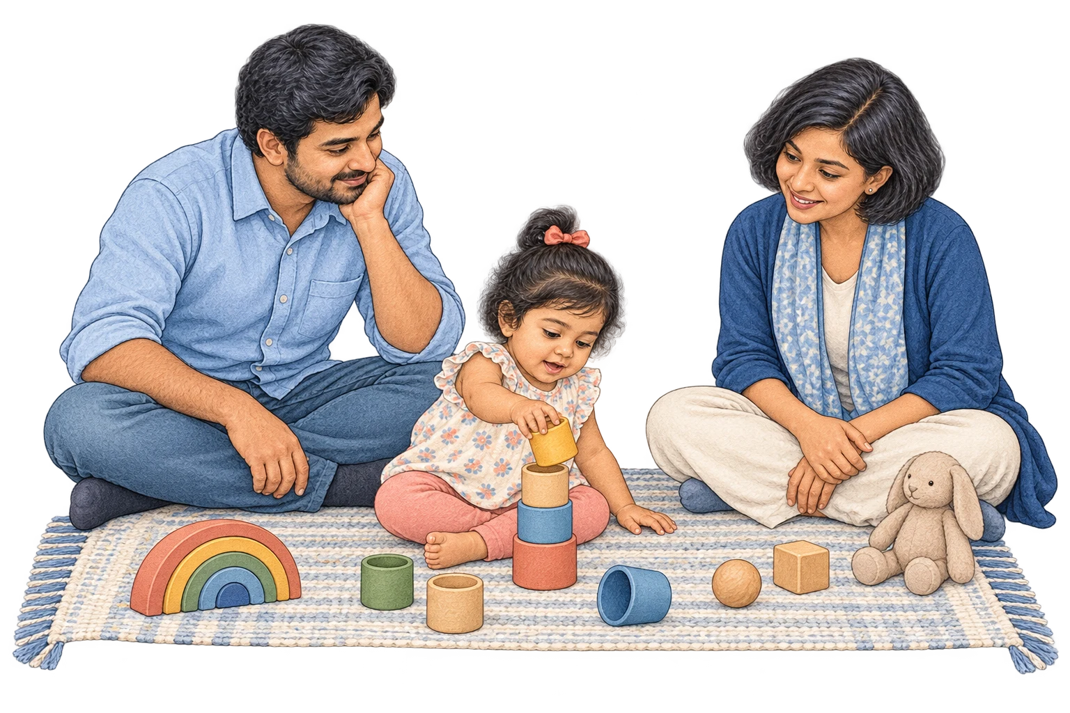 A young child stacks wooden cups while two adults follow her lead