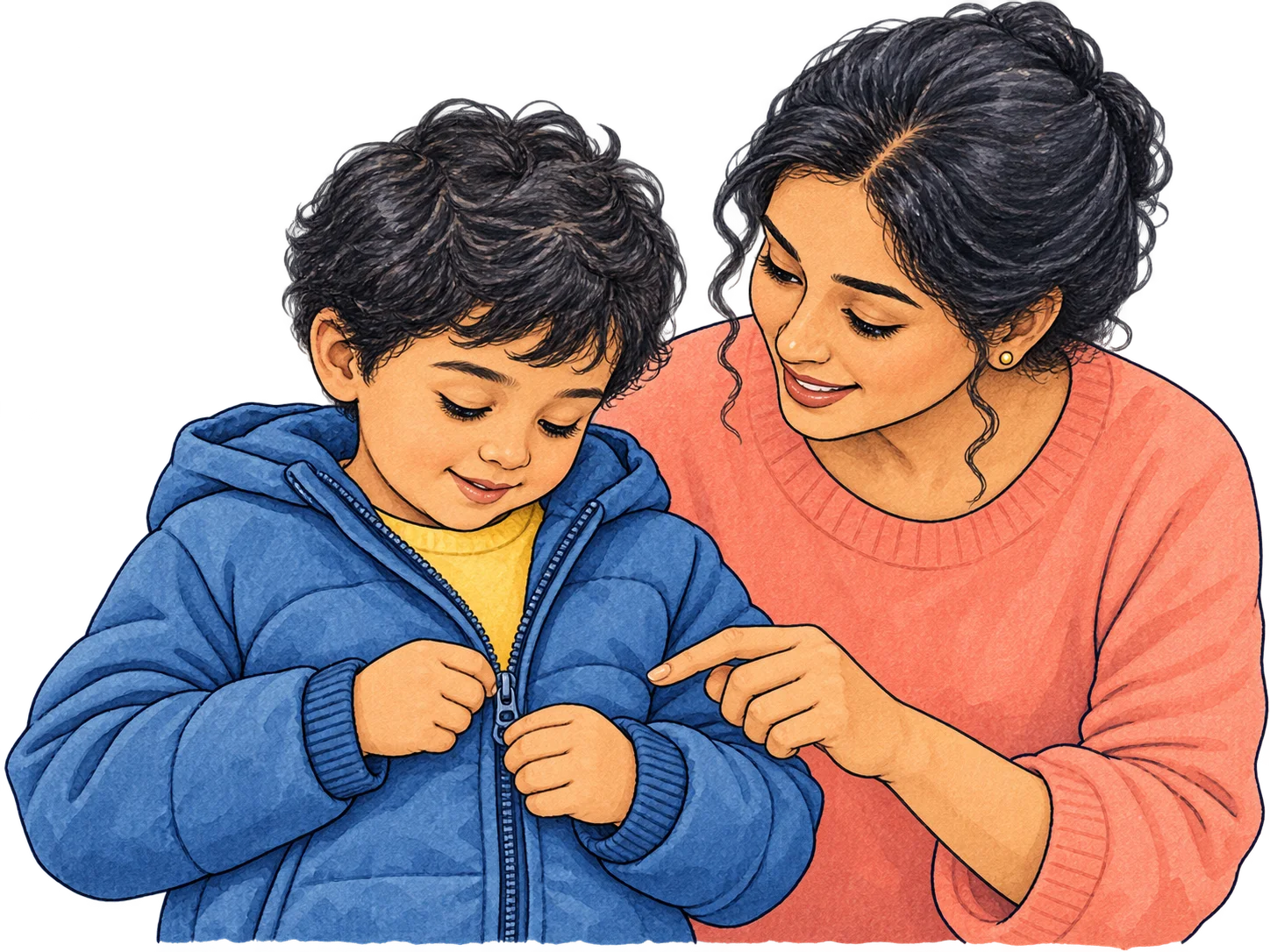A child practises fastening a jacket zip with support from an adult