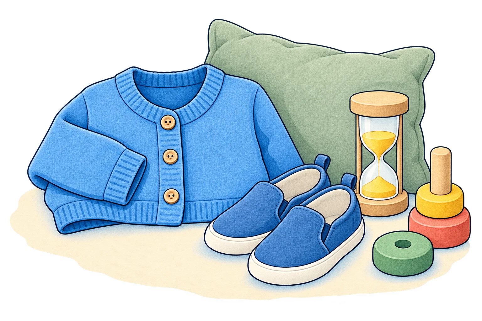 A cardigan, shoes, and a visual timer representing everyday routines
