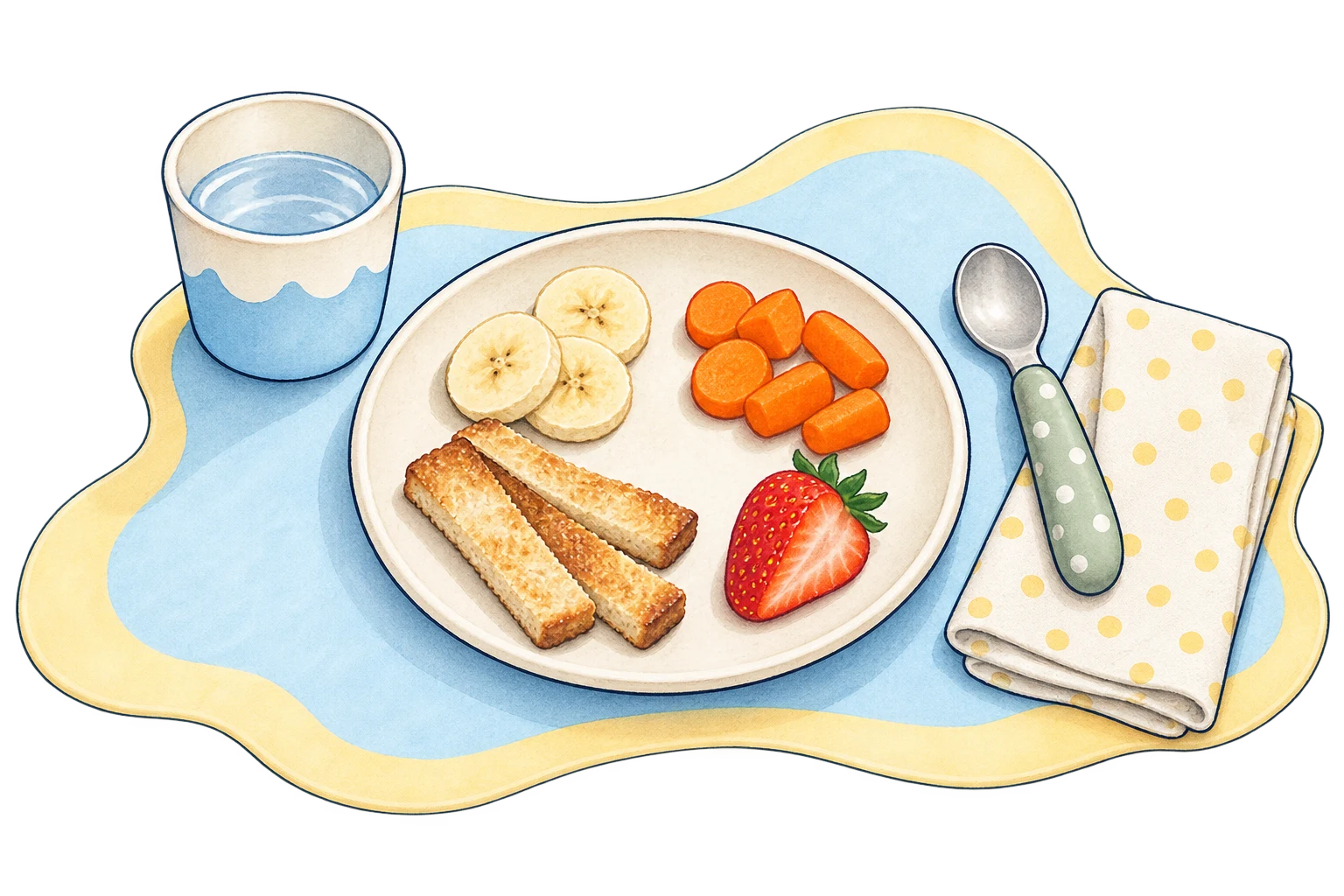 A child-sized plate with fruit, vegetables and toast beside a cup and spoon