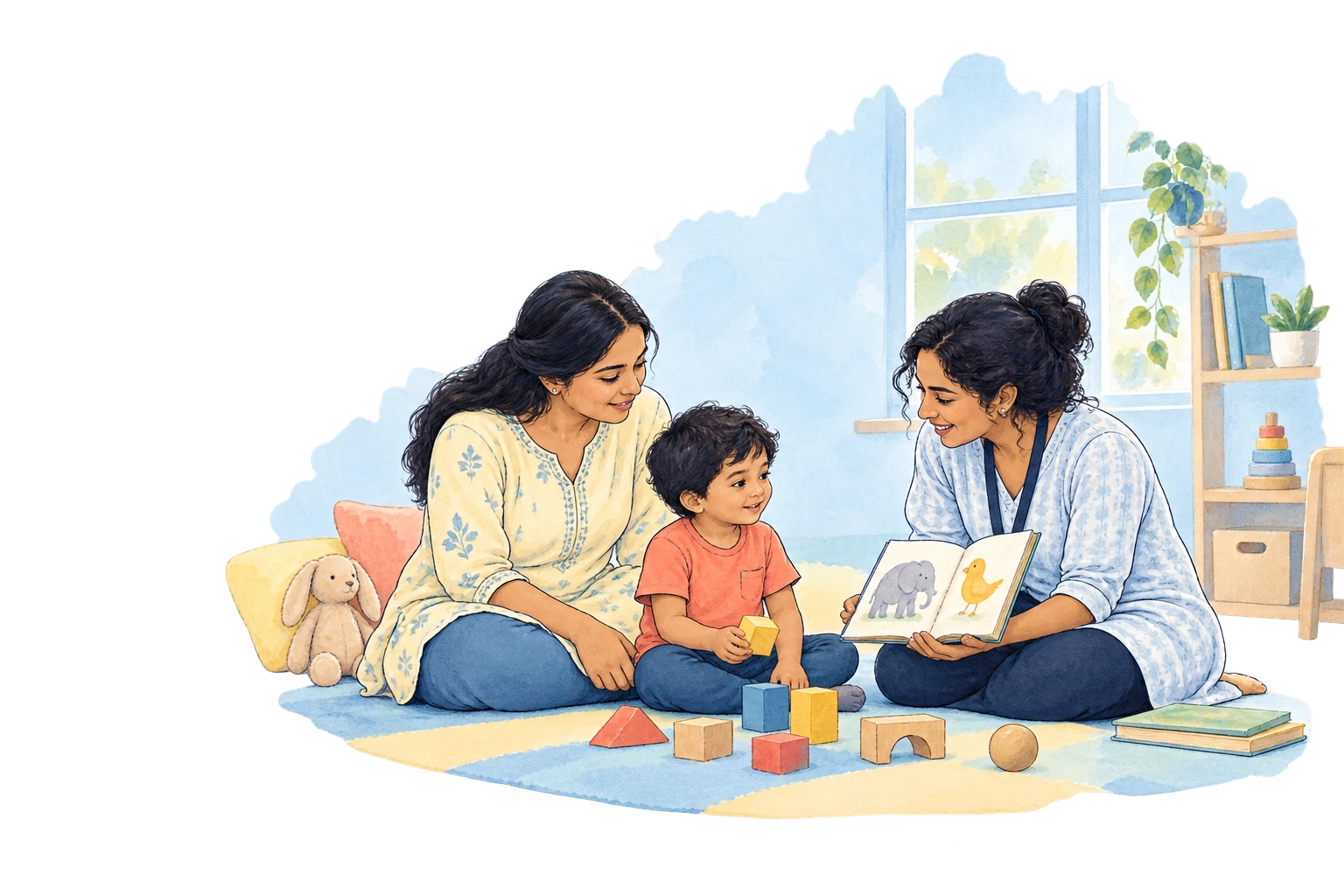 A parent, child, and therapist sharing a calm first conversation through play
