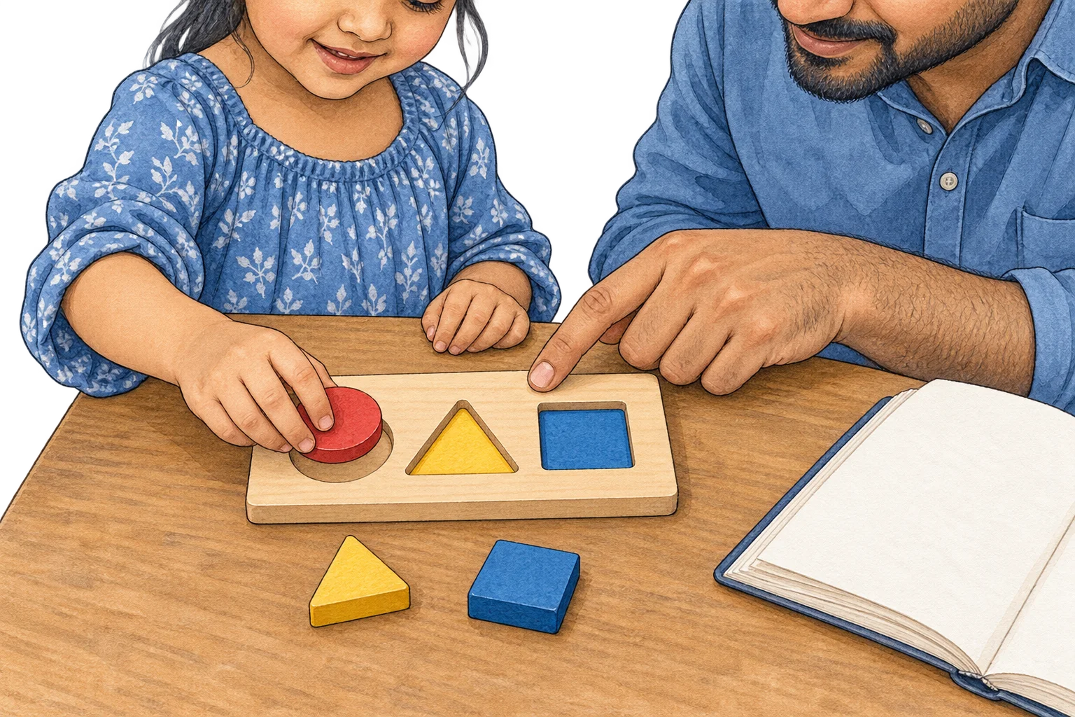 A child fits wooden shapes into a board while an adult points beside an open notebook