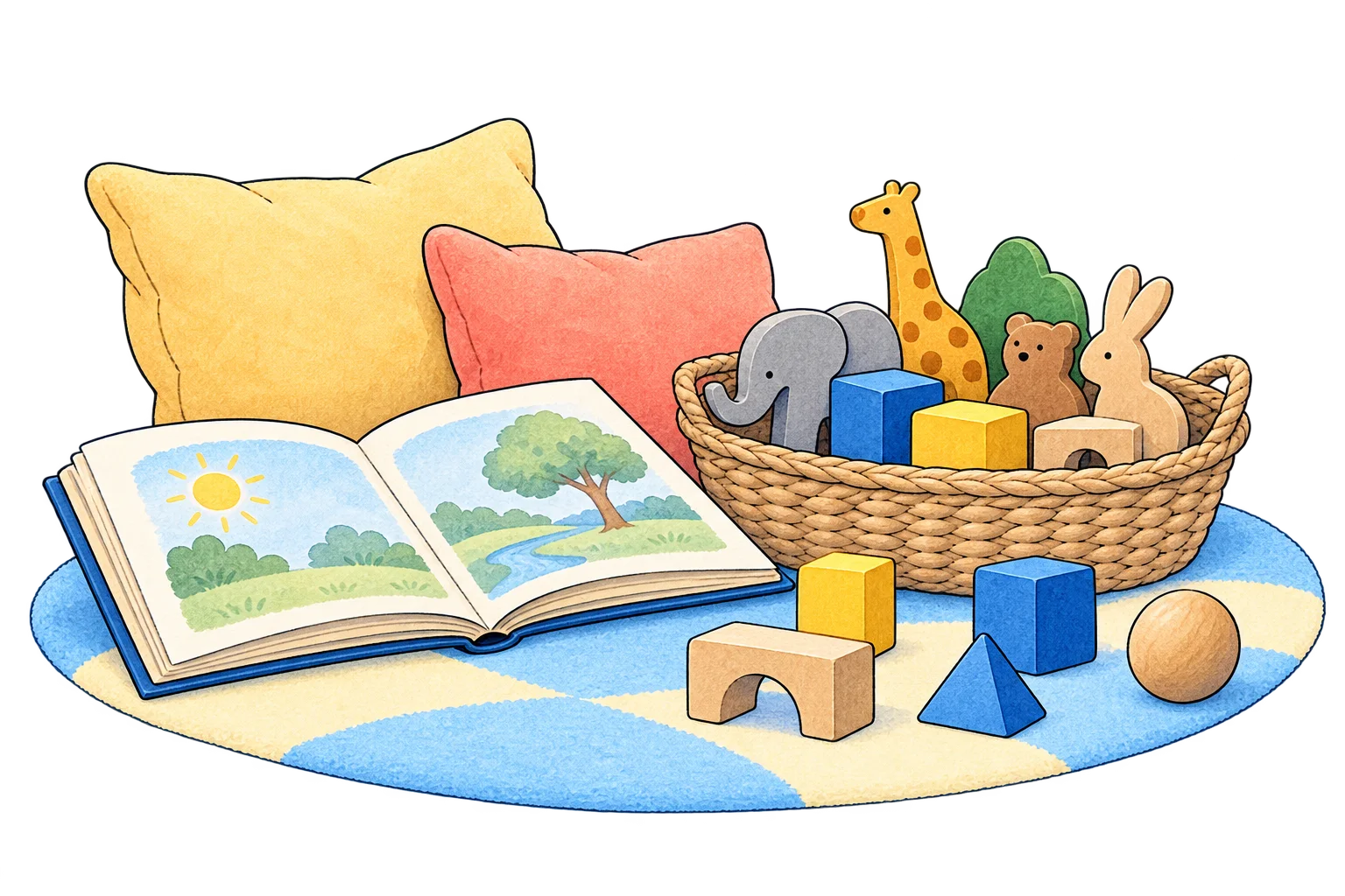 A picture book, cushions, and wooden toys arranged for low-pressure play