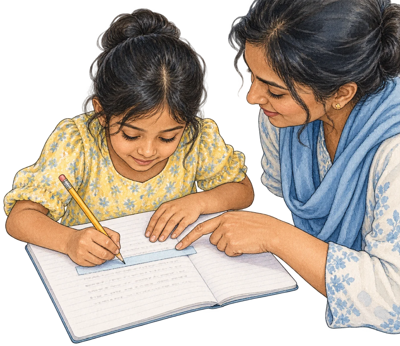 A child writes in an exercise book while a supportive adult points to the page