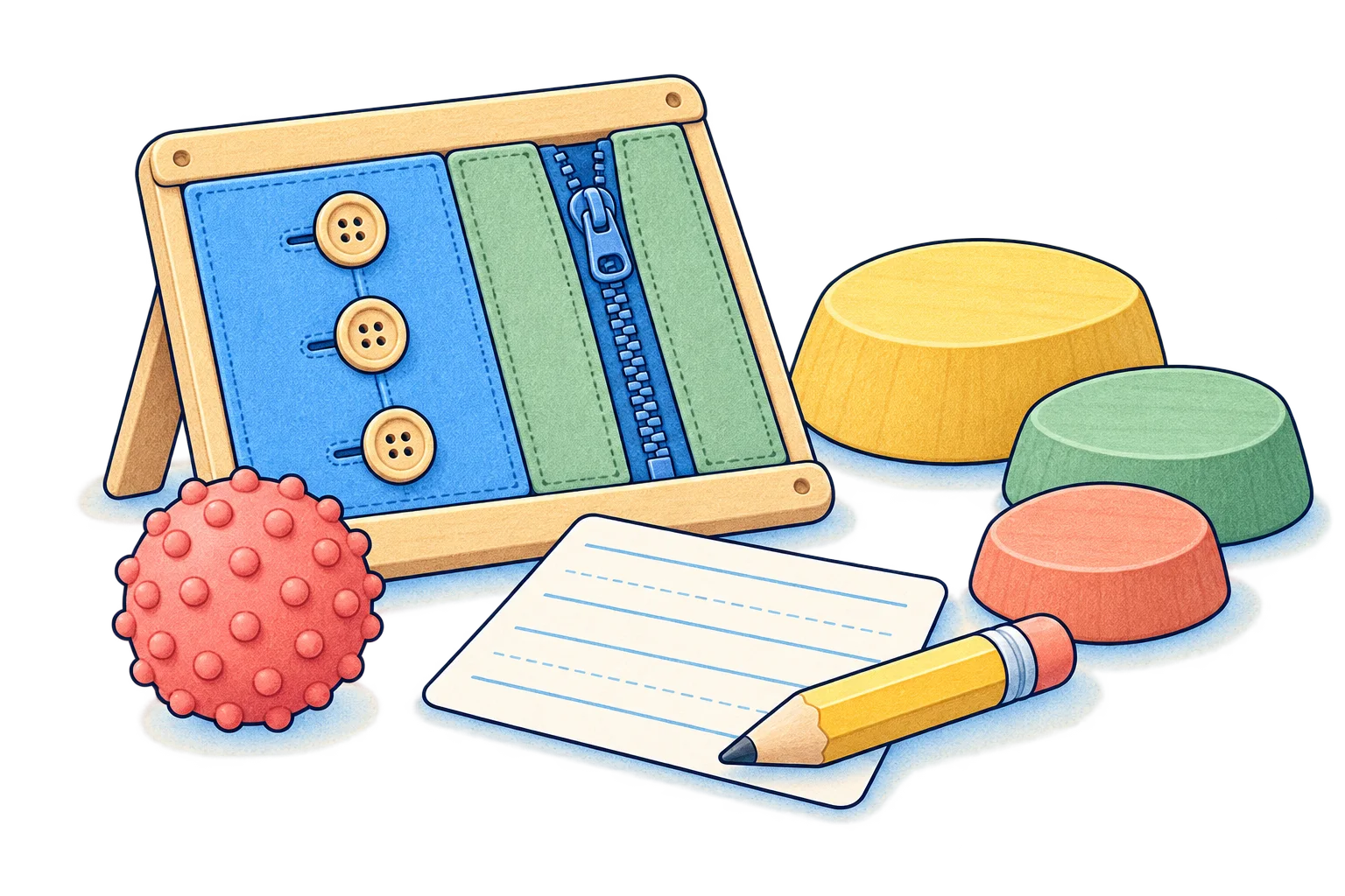 A zip and button board, pencil practice sheet, sensory ball and stepping pieces used for occupational therapy activities
