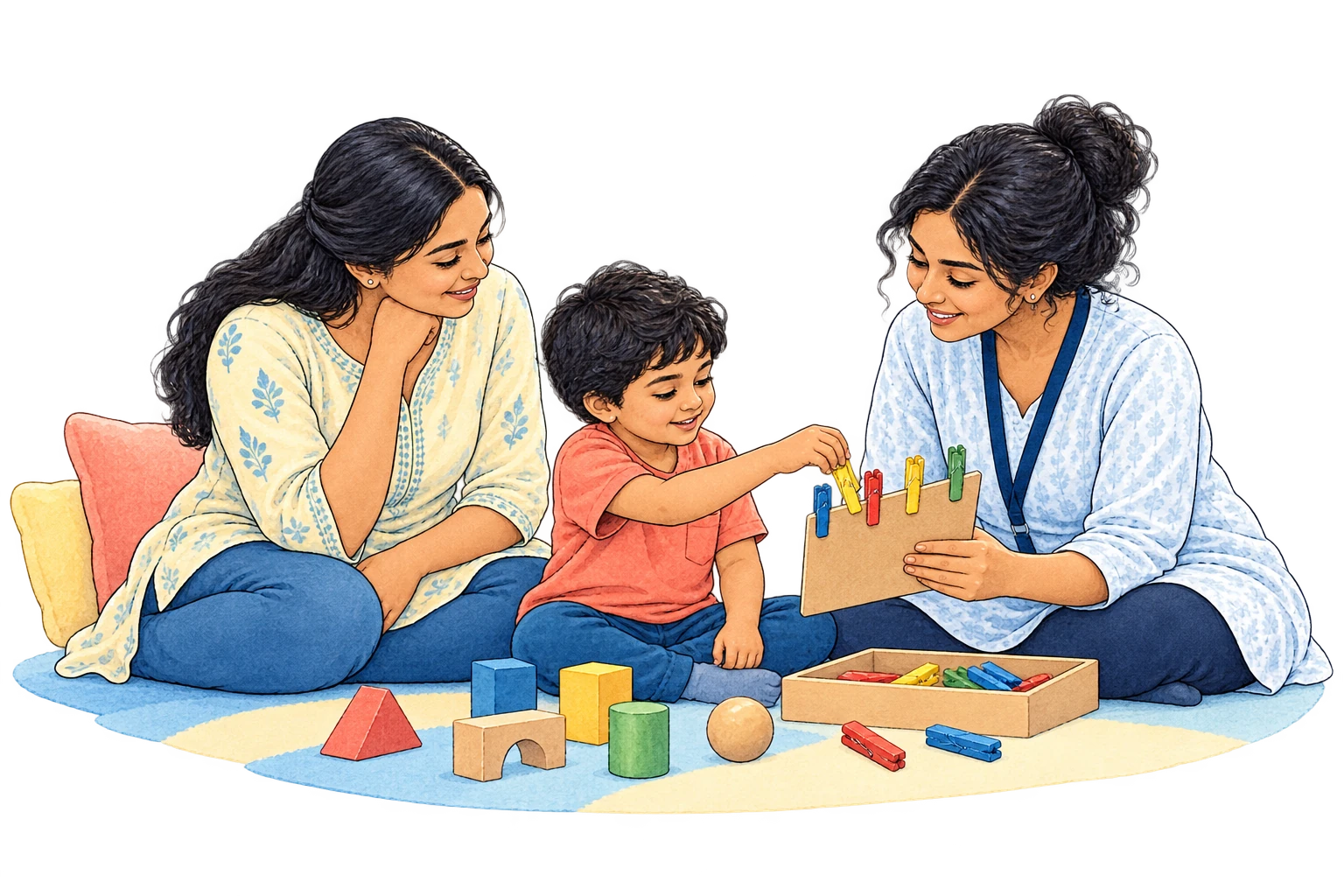 A child practises hand coordination with an occupational therapist while a parent watches