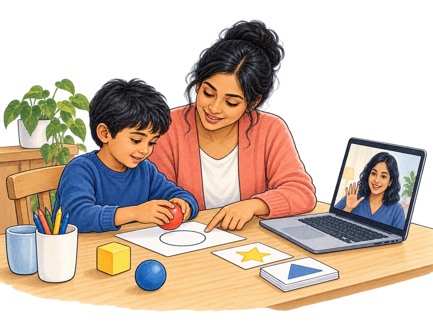 Illustration of therapy activities shared over a video call