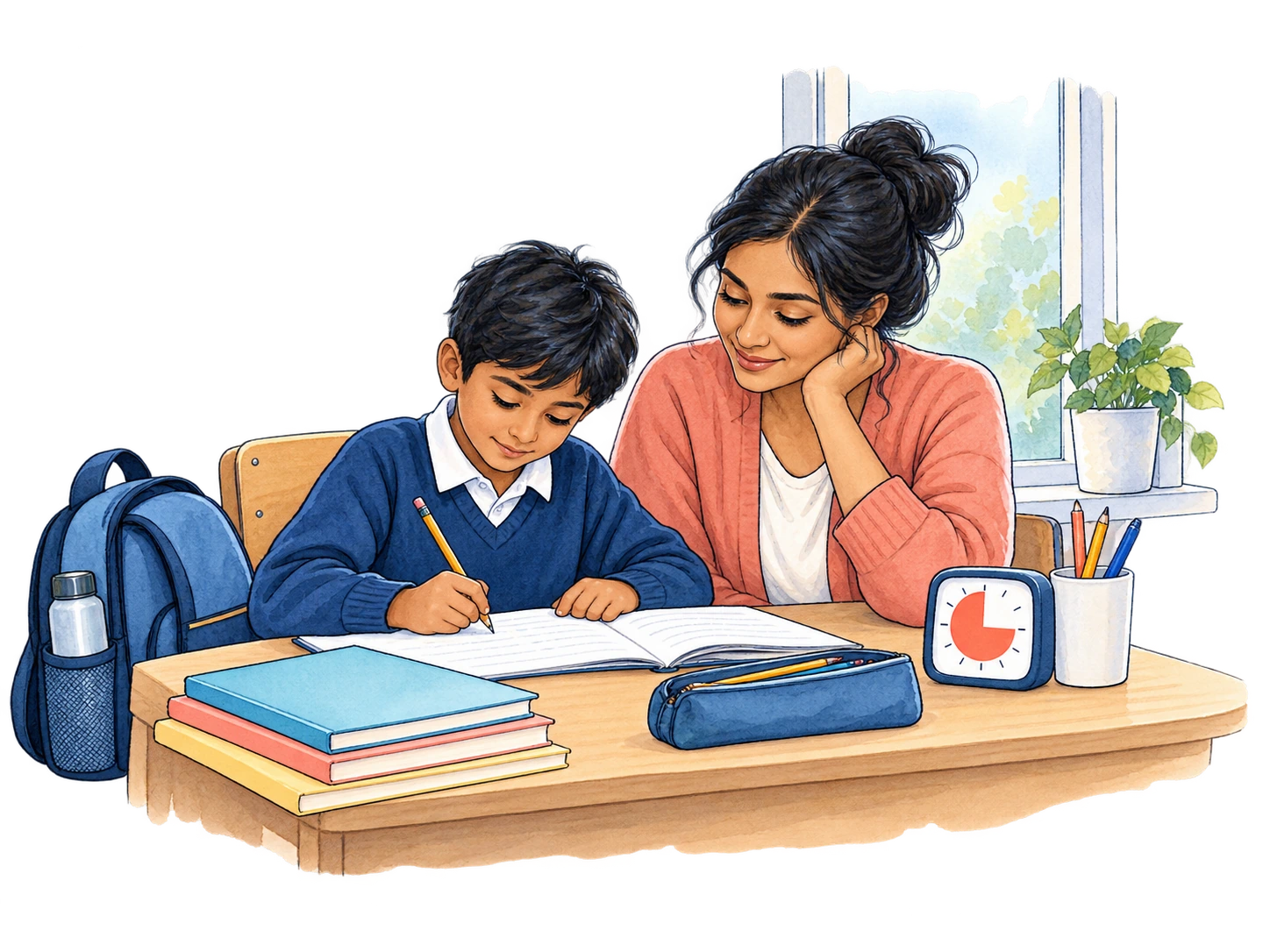 A school-age child working at a desk with a supportive parent nearby