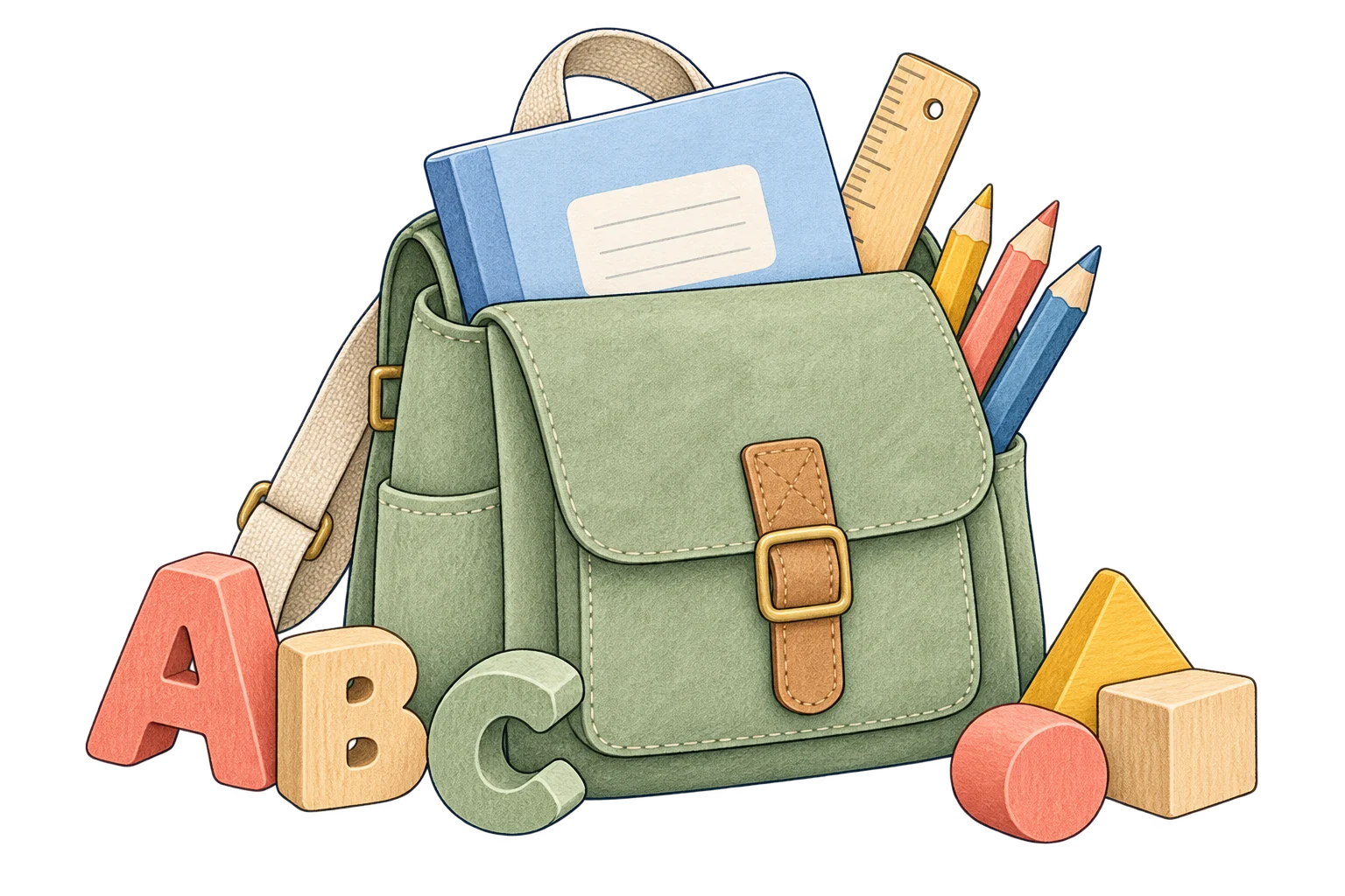 A sage school bag with an exercise book, pencils and school supplies