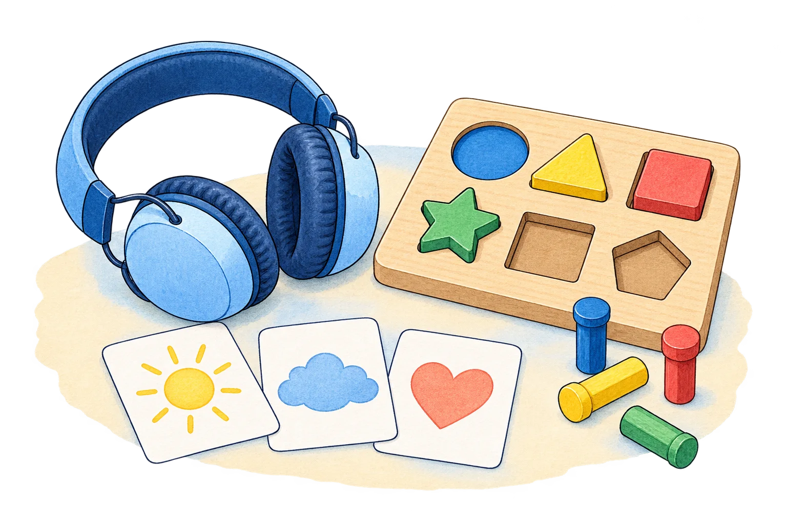 Illustration of headphones and hearing assessment materials